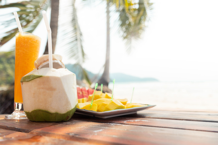 Still Life of Juice from Tropical Fruits. Summer Concept. Copy Spaceの写真素材