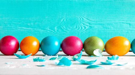 A Row of Multicolored Easter Eggs. Copy Space