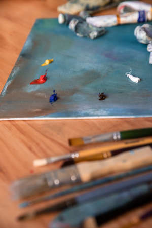 Still Life of Art Supplies. Creative Process. Backgroundの写真素材