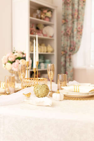 Modern Serving Festive Dinner. Tableware and Interior Items.の写真素材