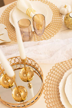 Modern Serving Festive Dinner. Tableware and Interior Items.の写真素材