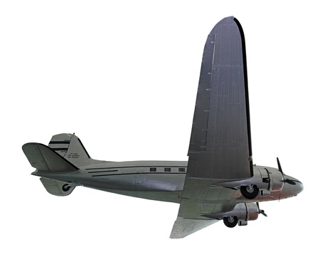 Landscape style view of vintage cargo including airmail twin prop airplane  Viewed from below and along the right side facing left のeditorial素材