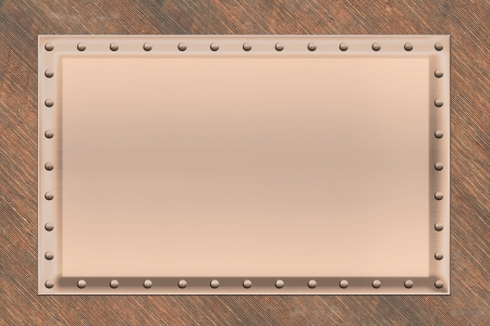 Beveled and riveted copper sign plate attached to a vintage wooden board  Just add your own text, photo or painting の写真素材