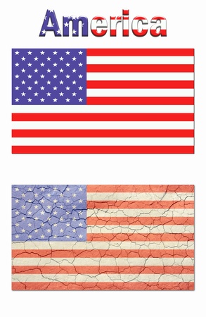 Poster style, nice new looking american flag,top. Cracked, and aged american flag bottom. And the word America on top./ Add your own text.の写真素材