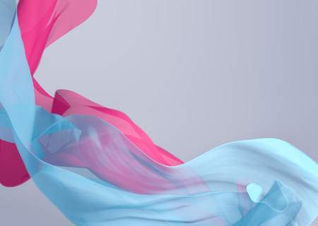Abstract 3D Render Illustration. Flying Silk Fabric Wave, Waving Satin. Blue and Pink Color and...