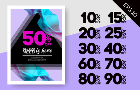 Bright Vector Sale Template with Flying Silk on Lilac Background and Black Triangles. Advertising Layout For Cloth Shop, Online Store, Web Banner, Pop-Up, Poster, Flyer.のイラスト素材