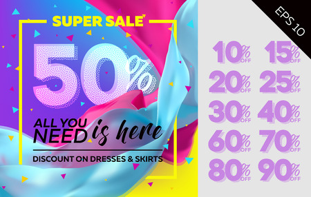 Spring Vector Sale Template with Flying Silk on Colorful Background. Bright Shopping Advertising. Design for Cloth Shop, Fabric Store, Web Banner, Pop-Up, Poster, Flyer.のイラスト素材