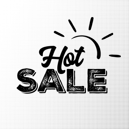 Hot Sale Black Label with Grunge Texture on Halftone Background. Hand Drawn Lettering with Rust Font Combination. Handwritten Script Badge for Banner, Website, Flyer, Postcard, Poster.のイラスト素材