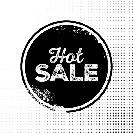 Hot Sale Black Badge with Grunge Texture on Halftone Background. Hand Drawn Lettering with Rust Fonts Combination. Handwritten Script Label for Banner, Website, Flyer, Postcard, Poster.のイラスト素材
