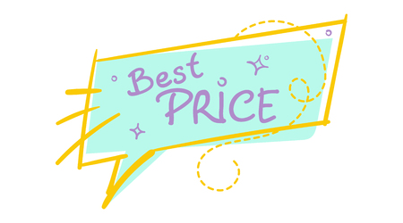 Trendy Sale Speech Bubble with Best Price Handwritten Text. Flat Square Shape, Comic and Pop Art Style. Brush Stroke Badge with Dashed Line. Shopping Sticker, Vintage Colors.のイラスト素材