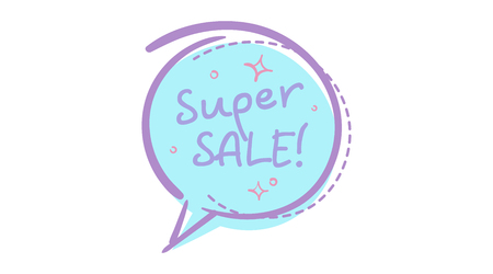 Trendy Sale Speech Bubble with Super Sale Handwritten Text. Flat Rounded Shape, Comic and Pop Art Style. Brush Stroke Badge with Dashed Line. Shopping Sticker, Vintage Colors.のイラスト素材