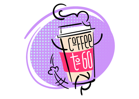 Coffee To Go. Funny and Colorful Hand Drawn Illustration. Paper Coffee Cup Character is Running. Cartoon Style with Halftone Texture. Flat Graphic for Cafe Menu or Advertising.のイラスト素材