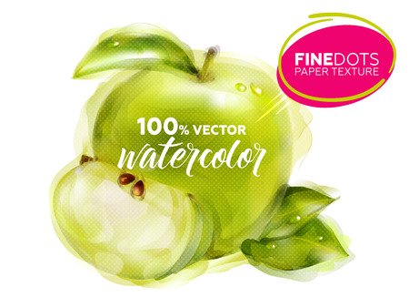 Vector Watercolor Green Apple with Fine Dots Paper Texture. Hand Drawn Illustration. Perfect and Pure Quality. Isolated on White. Organic Eco Food for Cafe Menu, Juice Label, Sticker, Banner. Print.のイラスト素材