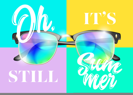 Minimal Fashion Vector Design. Modern Sunglasses on Colorful Background. Bright Reflections. Creative Pop Art Style. Glamour Art with Oh, Its Still Summer Text. Top View.のイラスト素材