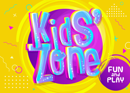 Kids Zone Vector Banner in Cartoon Style. Bright and Colorful Illustration for Children's Playroom Decoration. Funny Sign for Kids Game Room. Yellow Background with Childish Pattern.のイラスト素材