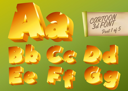 Vector 3D Gold Font in Cartoon Style. Comic Yellow Isometric Typeset for Childrenâs Playground, Mobile Game App, Poster, Banner. Funny and Cute English Alphabet Illustration. Colorful Type.のイラスト素材