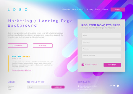 Vector Landing Page Background. Marketing Minimal Backdrop Design. Abstract Geometric Liquid Shapes. Page Template for Conference, Online Courses, Master Class, Webinar, Business Event Announcement.のイラスト素材