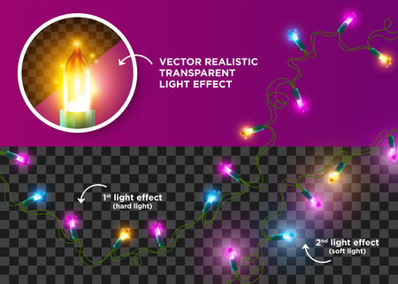 Christmas Vector Neon LED Lights. Xmas Wired Glowing Gold, Pink, Blue Lamps. Christmas Tree String Garland. Festive Background. Realistic Design Elements, Transparent Light Effects. Isolated.のイラスト素材