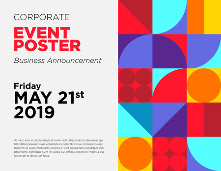 Business Announcement Vector Card. Event Poster Template with Colorful Geometric Shape. Commercial Advertisement Backdrop. Web Seminar, Business Conference, Webinar Abstract Background. Modern Design.のイラスト素材