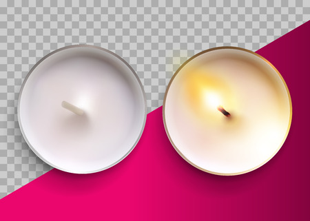 Realistic Vector Classic Candle in a Metal Cup. Lit and Unlit White Wax Tealight Candles. Top View. Festive Design Element for Christmas Card, Wellness Banner, Romantic Valentines Day Template.のイラスト素材