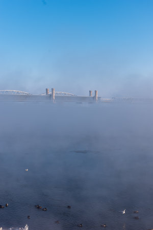 Winter morning on January 17th, 2021 in Tczew (ger. Dirschau) in northern Poland.のeditorial素材