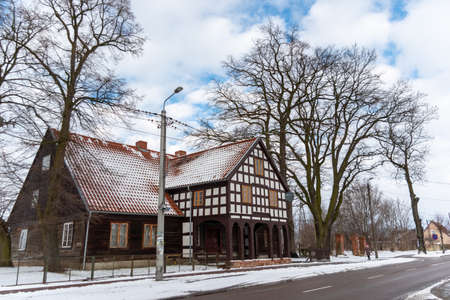 A half-timbered house in Nowy Staw (Poland) built by the Mennonites in 1820. January 31, 2021 sunny winter day.のeditorial素材