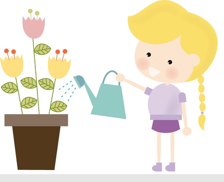 Blonde Girl Watering Flowersのイラスト素材