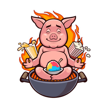 Fat Pig doing yoga on a bbq grillのイラスト素材