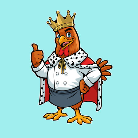 King Chicken Wearing a Chef Jacket, Crown, and a Cape Mascot Designのイラスト素材