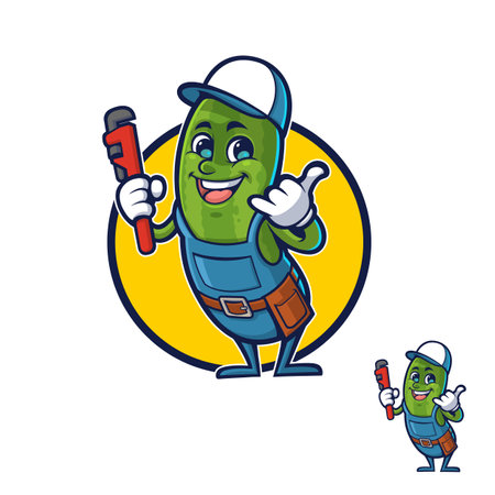 Mascot Design of a Pickle Handyman carrying a Pipe Wrenchのイラスト素材