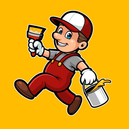 Mascot Design of a Handyman carrying a Bucket of paint, and a Paint Brushのイラスト素材