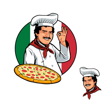 Friendly Pizza Chef Serving a pepperoni pizzaのイラスト素材