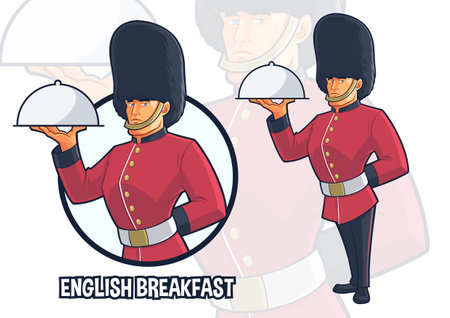 Royal Guard Mascot Design Posing As Chef Serving Food for Authentic English Culinaryのイラスト素材
