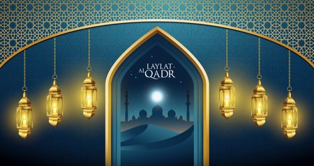 Laylat Al Qadr on the desert at night and bright moon lightのイラスト素材