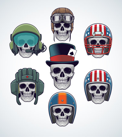 Set of skulls wearing military and racing helmetsのイラスト素材