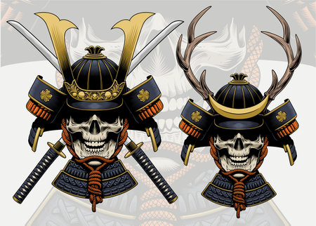 Skull Samurai illustration with deer antlers helmetのイラスト素材