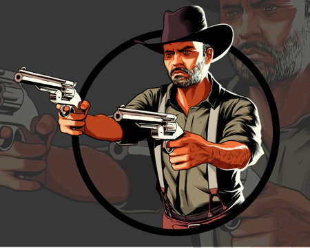 Cowboy in action pointing two pistolsのイラスト素材