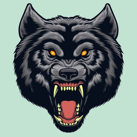 Angry wolf head with open mouth. Vector illustration in vintage style.のイラスト素材