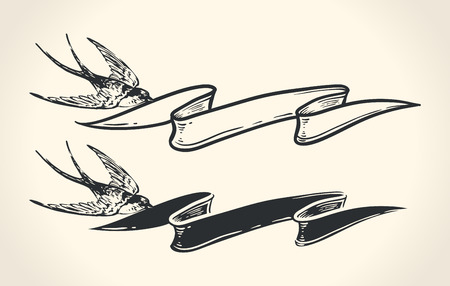 Vintage illustration of bird holding ribbonのイラスト素材