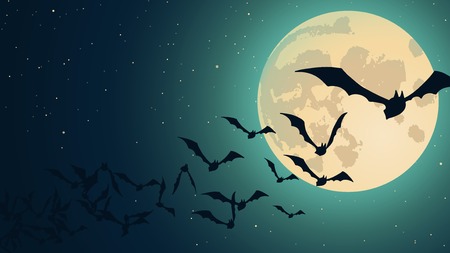 Vector Halloween background with illustration of flying bats over moonのイラスト素材