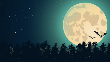 Vector Halloween background with illustration of flying bats over moonのイラスト素材