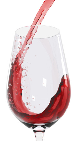 3D graphic illustration of pouring a glass of red wine over white backgroundの写真素材