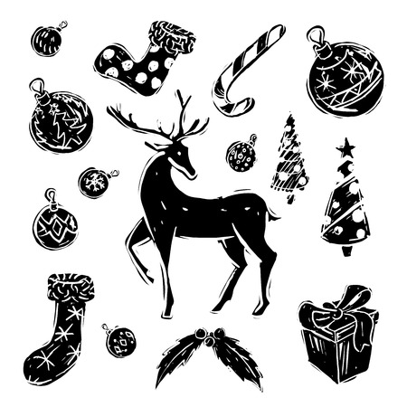 Christmas set black and white over white backgroundの写真素材