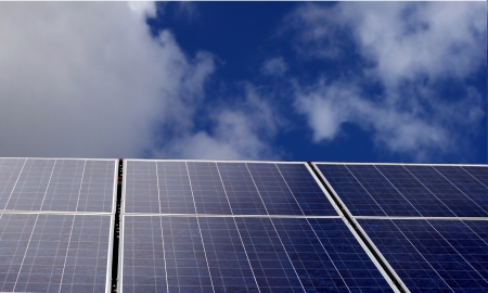 Solarpanels in the blue skyの写真素材