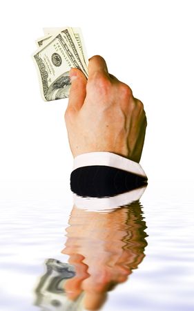 Sinking hand with money isolated on white backgroundの写真素材