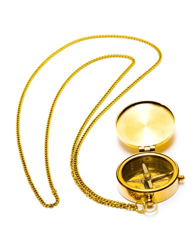 Old style gold compass with chain on white backgroundの写真素材