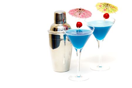 Cocktail with blue curacao & shaker isolated on white backgroundの写真素材
