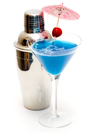 Cocktail with blue curacao & shaker isolated on white backgroundの写真素材