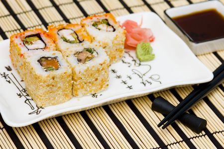 Sushi (rolls) on a plateの写真素材