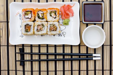 Sushi (rolls) on a plateの写真素材